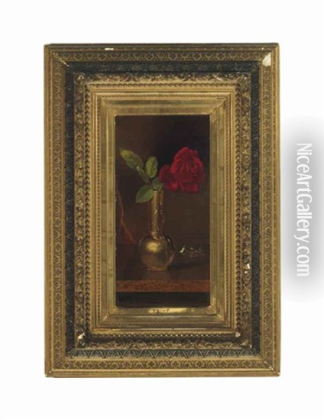 Red Rose In A Standing Vase Oil Painting - Martin Johnson Heade