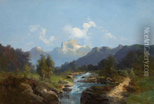 Vue De Cascade Sur Fond Montagneux Oil Painting - Emile Godchaux