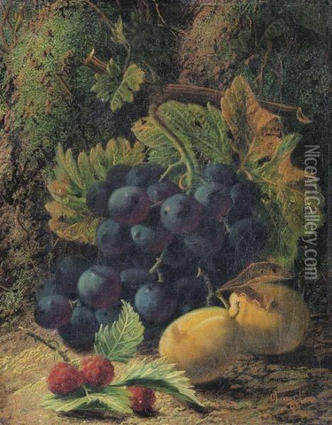 Grapes On A Vine, Plums And Raspberries On A Mossy Bank Oil Painting - Oliver Clare