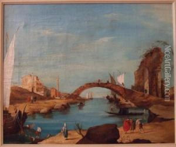 Vue De Venise, Personnage Devant Un Pont Oil Painting - Giuseppe Miti-Zanetti