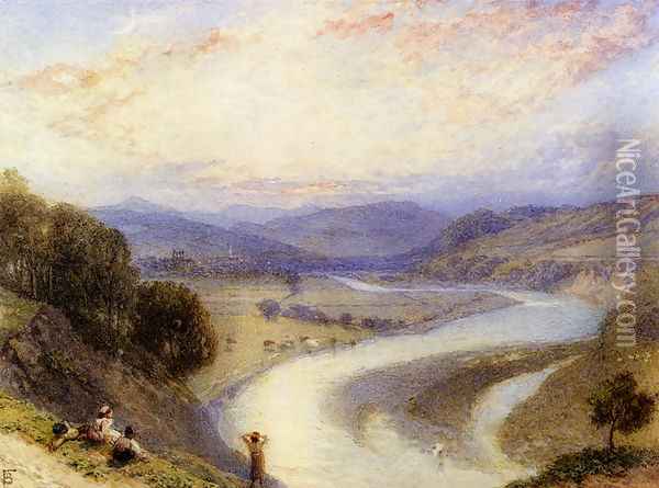 Melrose Abbey From The Banks Of The Tweed Oil Painting - Myles Birket Foster