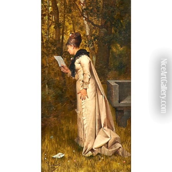 Woman Reading In The Garden Oil Painting - Theophile (Marie Francoise) Lybaert