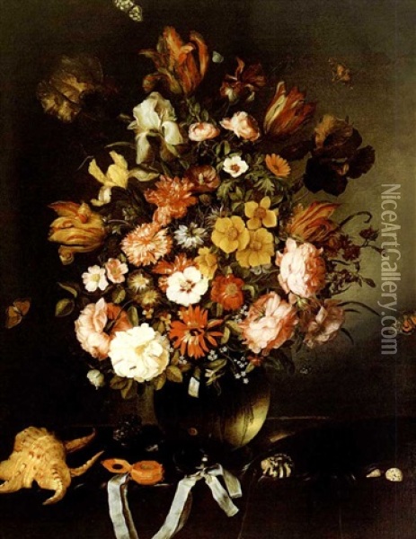 Floral Still Life In A Glass Vase With Reflection Of A Doomed Church, With Butterflies, Seashells And Pocket Watch Oil Painting - Maria van Oosterwyck