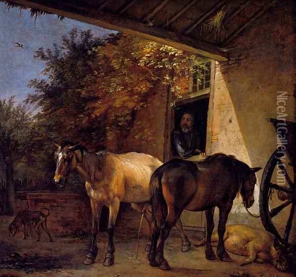 A Barnyard With Two Plough Horses Oil Painting - Paulus Potter