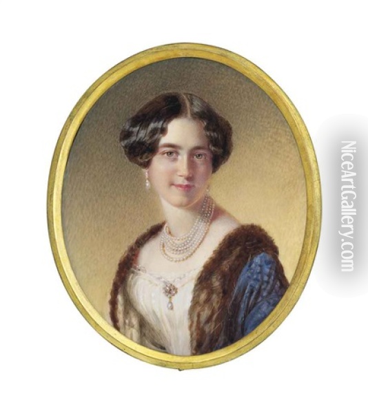 Archduchess Marie Karoline Of Austria (1825-1915), In White Dress And Fur-lined Blue Coat, Five Strands Of Pearls, Pearl Brooch And Pearl Drop-earrings, Upswept Centre-parted Hair Oil Painting - Robert Theer