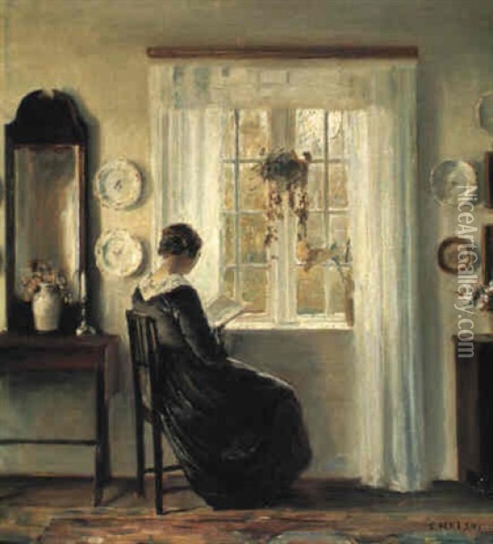 Interior Med Laesende Dame Ved Vinduet Oil Painting - Carl Vilhelm Holsoe