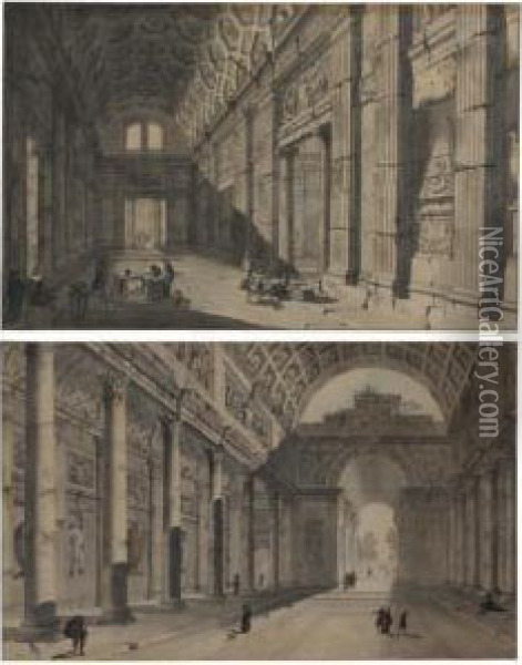 A Pair Of Views Of The Interiors Of Roman Temples Oil Painting - Francesco Panini