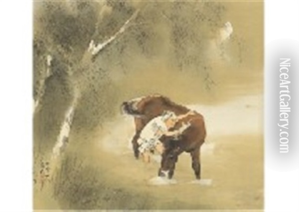 Horse Washing In The Evening Oil Painting - Kansetsu Hashimoto