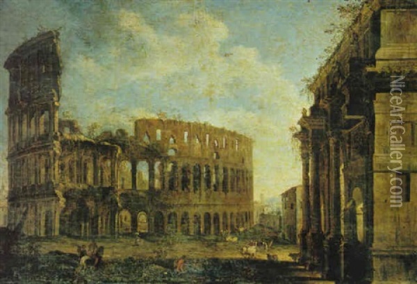 A View Of Rome With The Colosseum, The Arch Of              Constantine And Other Buildings Oil Painting - Paolo Anesi