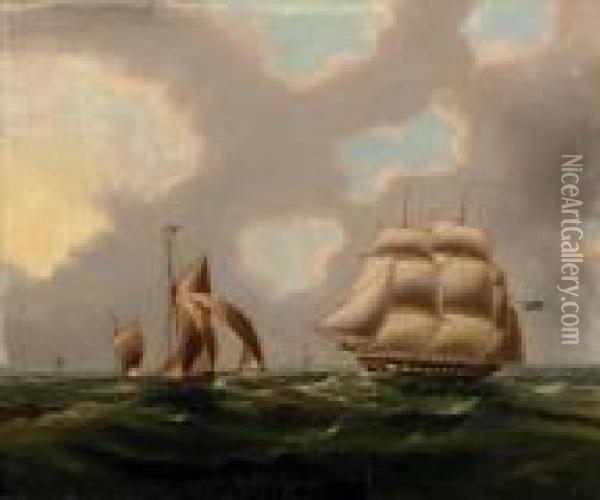 A Naval Frigate And Yawl In The Channel Oil Painting - Thomas Buttersworth