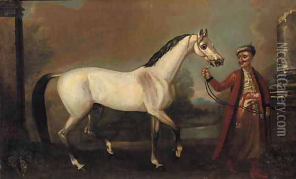 The bloody-shouldered Arabian held by a groom Oil Painting - John Wootton