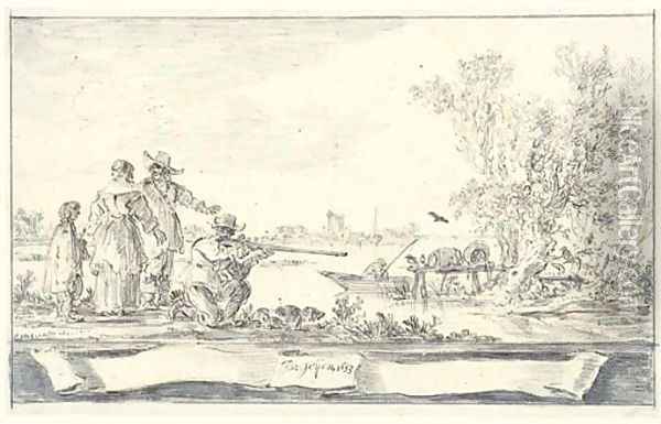 Elegant company shooting birds in an estuary Design for a title-page Oil Painting - Jan van Goyen