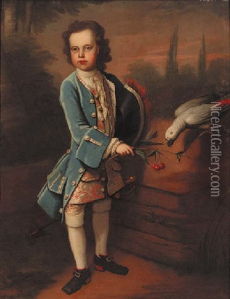 Portrait Of A Boy In A Blue Velvet Coat, Embroidered Waistcoat And Breeches Oil Painting - Charles d' Agar