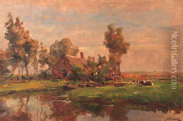 A sunlit farmyard along a canal Oil Painting - Jan Hillebrand Wijsmuller