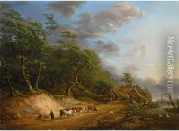 A Cowherd And His Cows On A Country Road Oil Painting - Pierre Jean Hellemans