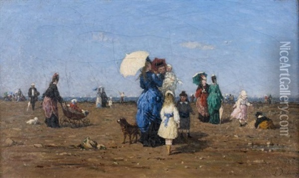 Elegantes Et Leurs Familles Sur La Plage En Normandie Oil Painting - Alexandre Dubourg