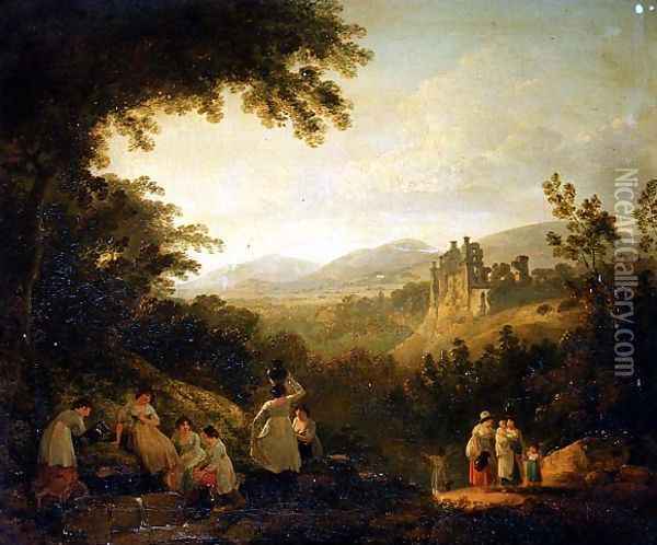 A Wooded Landscape with Washerwomen by a Fountain Oil Painting - Julius Caesar Ibbetson