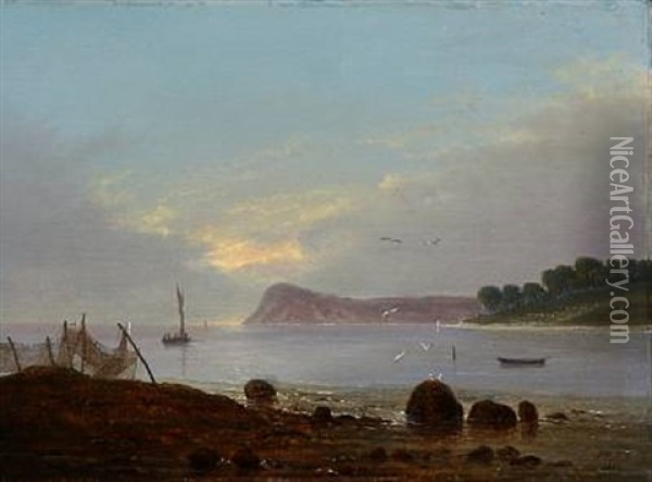 An Evening Coastal Scene. In The Foreground Fishing Nets Hanging Out To Dry Oil Painting - Frederik Michael Ernst Fabritius de Tengnagel