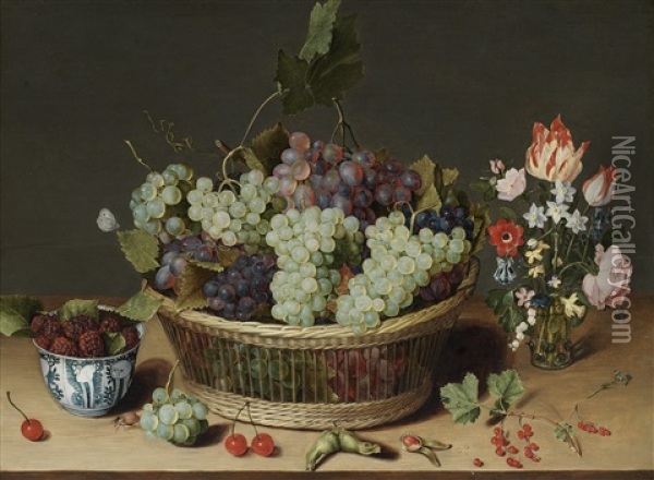 A Still Life Of Grapes In A Basket, Mulberries In A Wanli Kraak Porcelain Bowl And Flowers In A Glass Vase On A Stone Ledge Oil Painting - Isaac Soreau