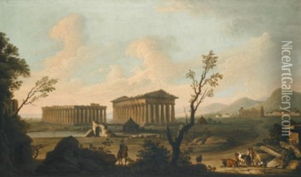 Paestum, A View From The West With The Temples Of Poseidon And Ceres Oil Painting - Pietro Fabris