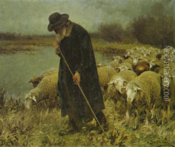 Schafer Mit Seiner Herde Am Ufer Eines Teiches Oil Painting - Julius Hugo Bergmann