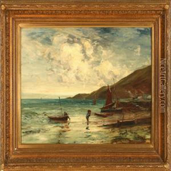 Fishermen On The Beach Oil Painting - Edwin Ellis