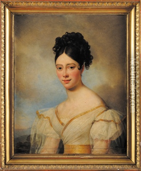 Portrait De Jeune Femme A La Robe Blanche Oil Painting - Alexandre Jean Dubois-Drahonet
