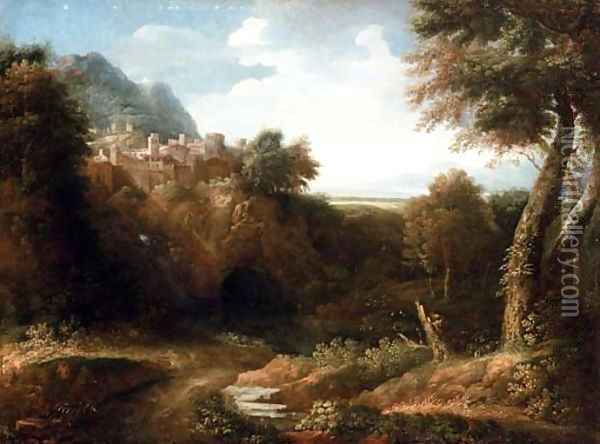 A river landscape with a walled town on a hill and a coastal view beyond Oil Painting - Gaspard Dughet Poussin