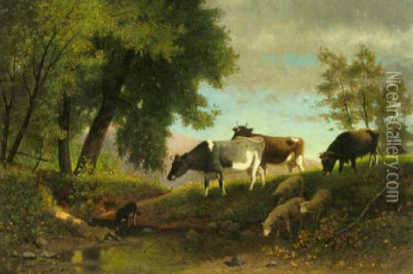 Cattle Watering In The Woods Oil Painting - Karl Wilhelm Hahn