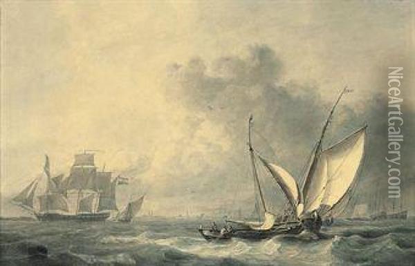 Fishermen Hauling In Their Nets Off The Dutch Coast Oil Painting - Nicolaas Bauer