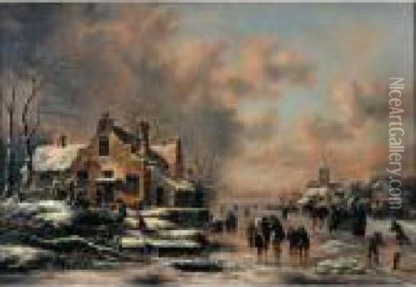 A Winter Landscape With Figures 
Skating On A Frozen River Before A House, Children Playing Oil Painting - Claes Molenaar (see Molenaer)