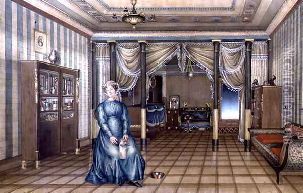 A Spinster in a Neo-Classical Sitting Room Interior, c.1835 Oil Painting - Anonymous Artist