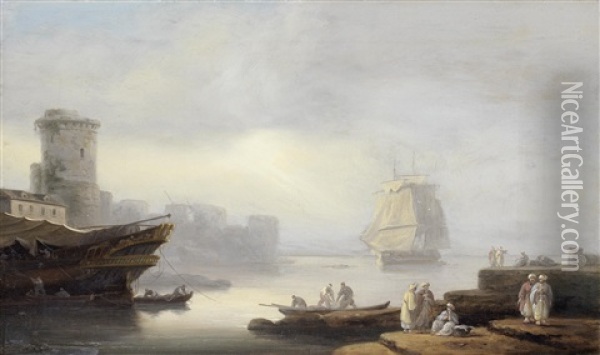 Ships At Anchor In A Mediterranean Port With Merchants On The Quay In The Foreground Oil Painting - Thomas Luny
