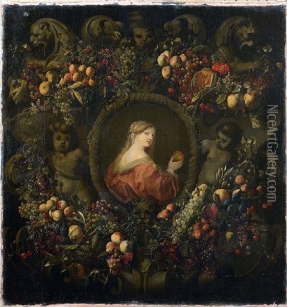 Portrait De Dame Avec Une Pomme Dans Une Couronne De Fruits Oil Painting - Ottmar Elliger the Elder