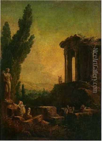 Paysage Classique Avec Le Temple De Vesta Et Des Ruines Romaines Oil Painting - Hubert Robert