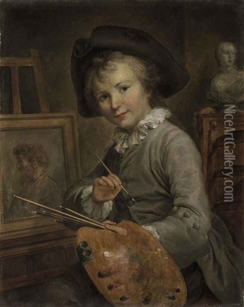 Portrait Of A Young Boy Seated At An Easel, A Classical Bust Behind Oil Painting - Francois Hubert Drouais