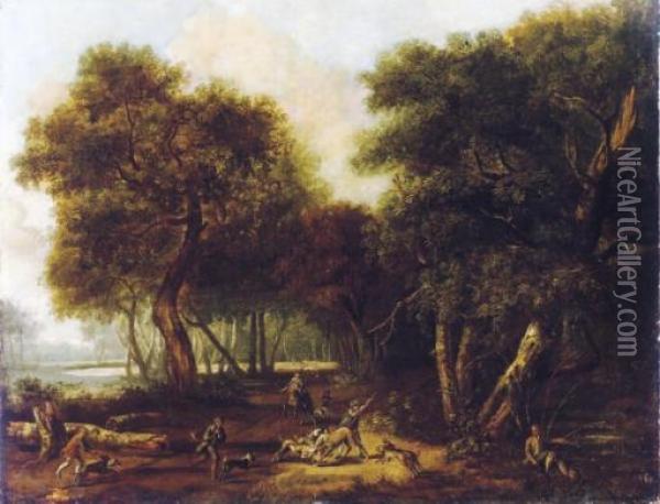 A Stag Hunt In A Wooded Landscape Oil Painting - Jan von Huchtenburgh