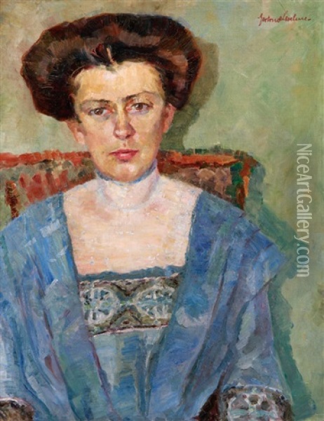 Portrait Of A Woman In Blue Dress Oil Painting - Gertrud Leschner