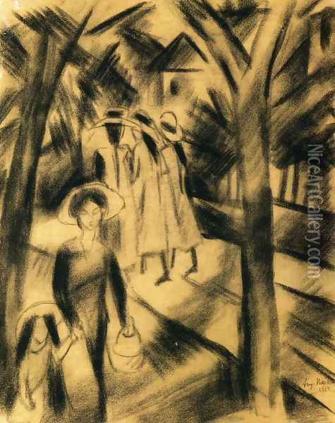 Woman with Child and Girls on a Road Oil Painting - August Macke