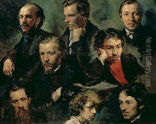 Self Portrait and Portraits of Friends, 1864 Oil Painting - Vasily Maximov