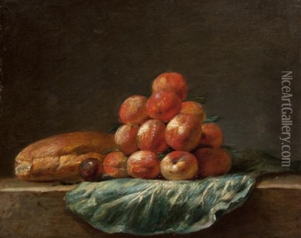 Still Life With Loaf Of Bread, A Plum And Peaches Oil Painting - Henri Horace Roland de la Porte
