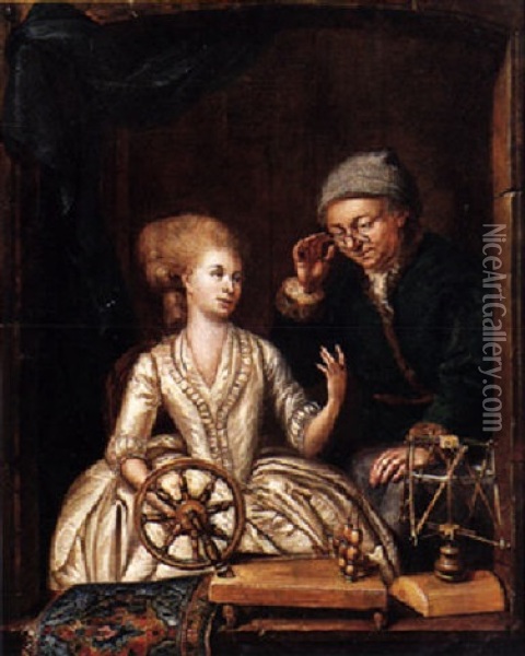 A Woman At A Window With A Spinning Wheel, Conversing With A Man Oil Painting - Louis Francois Gerard van der Puyl