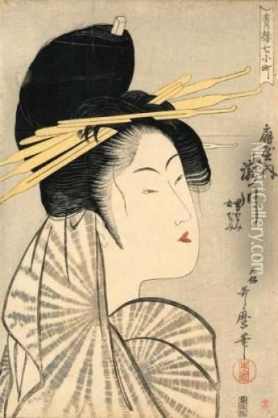 Courtisane Se Cachant L'oreille Avec Le Pan De Sa Robe. Oil Painting - Kitagawa Utamaro