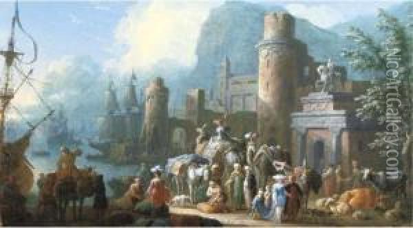 A Capriccio View Of A Levant Harbour With Travellers Oil Painting - Jean Baptist Van Der Meiren