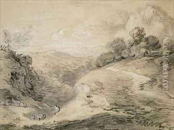 A Hilly Landscape with Shepherd and Sheep Oil Painting - Thomas Gainsborough
