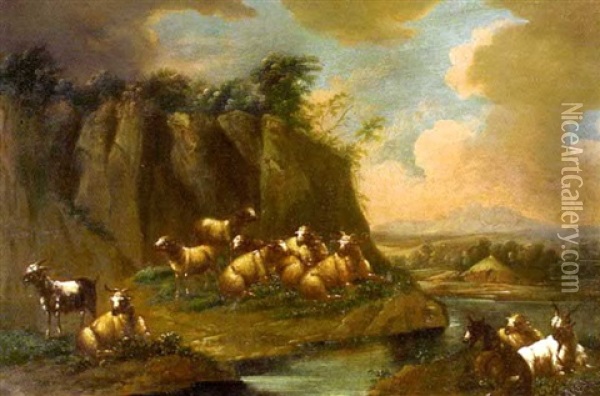 Schafe Und Ziegen In Sommerlandschaft Oil Painting - Johann Heinrich Roos