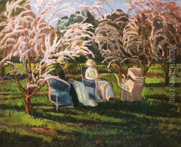 Napfenyes Tavaszi Kertben Oil Painting - Laszlo Csek