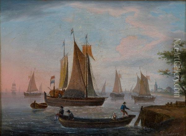 Barche In Rada Con Personaggi Oil Painting - Ambroise-Louis Garneray