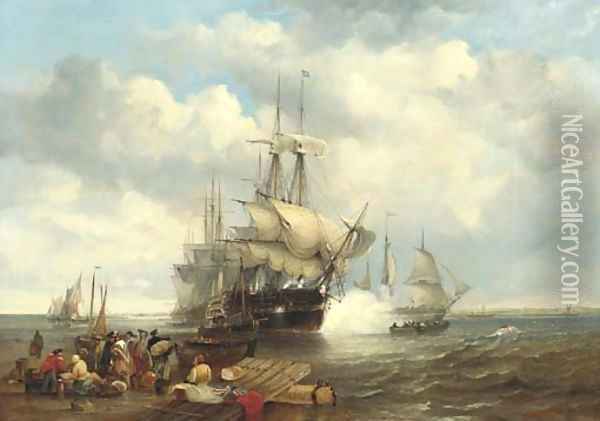 Four Indiamen preparing to leave the lower Thames with passengers embarking in the foreground Oil Painting - James Wilson Carmichael