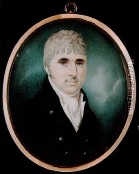 A Gentleman Wearing Black Coat With Silver Buttons, White Waistcoat, Stock And Frilled Cravat Oil Painting - Joseph Bowring